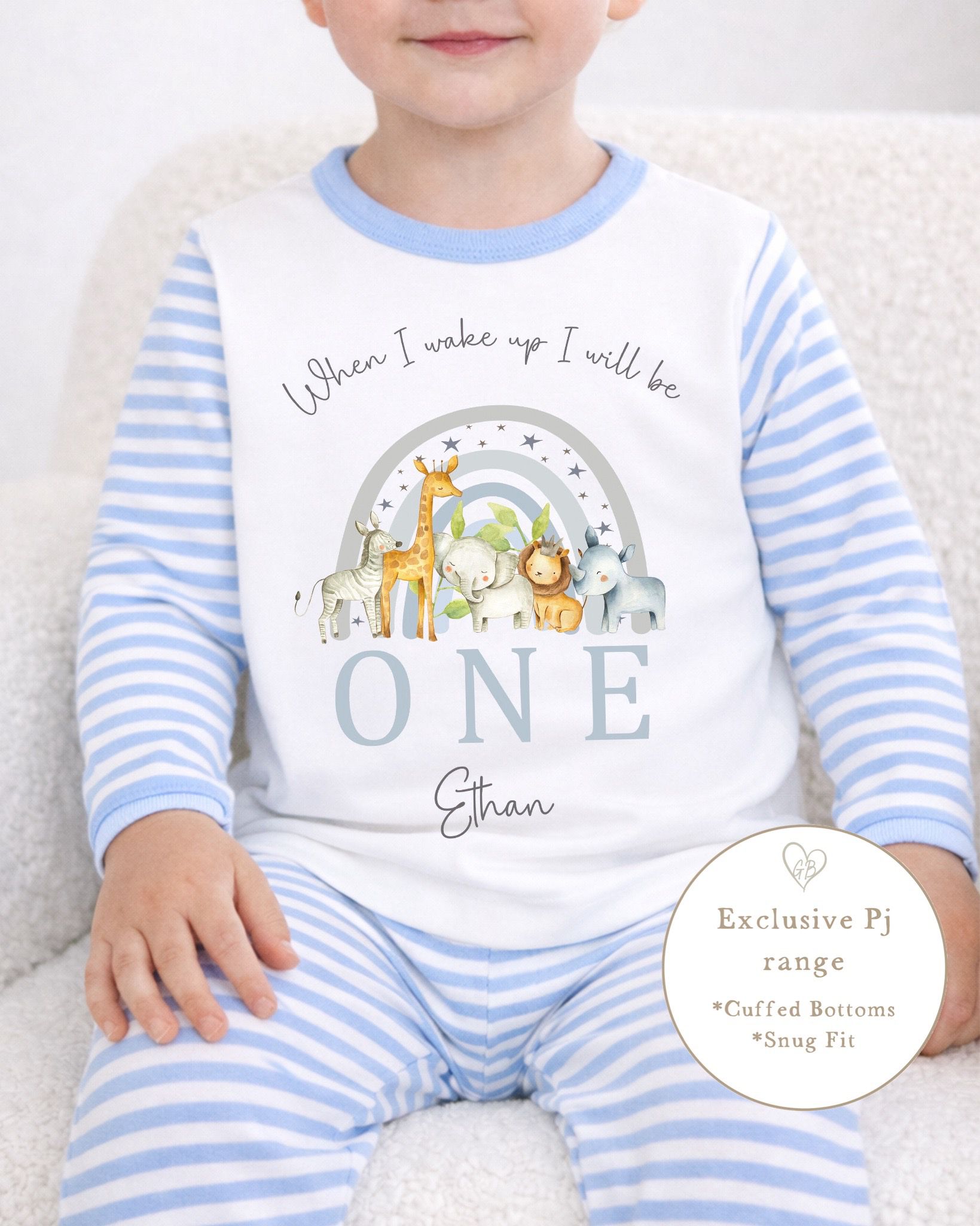 Personalised Blue Stripe Birthday Pyjamas - Safari Rainbow Design