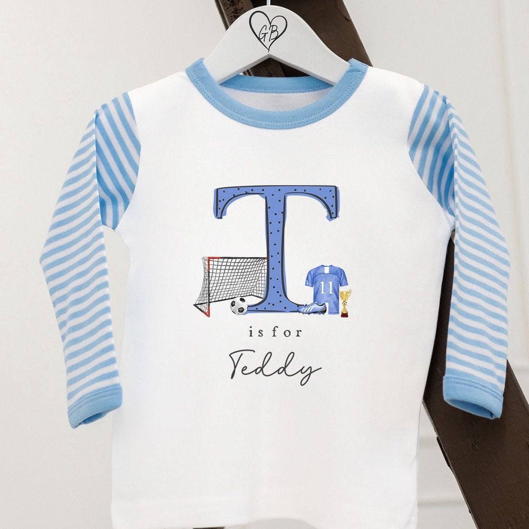 Personalised Boys Gifting Pyjamas Blue Stripe - Football Initial Design
