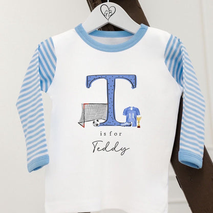 Personalised Boys Gifting Pyjamas Blue Stripe - Football Initial Design