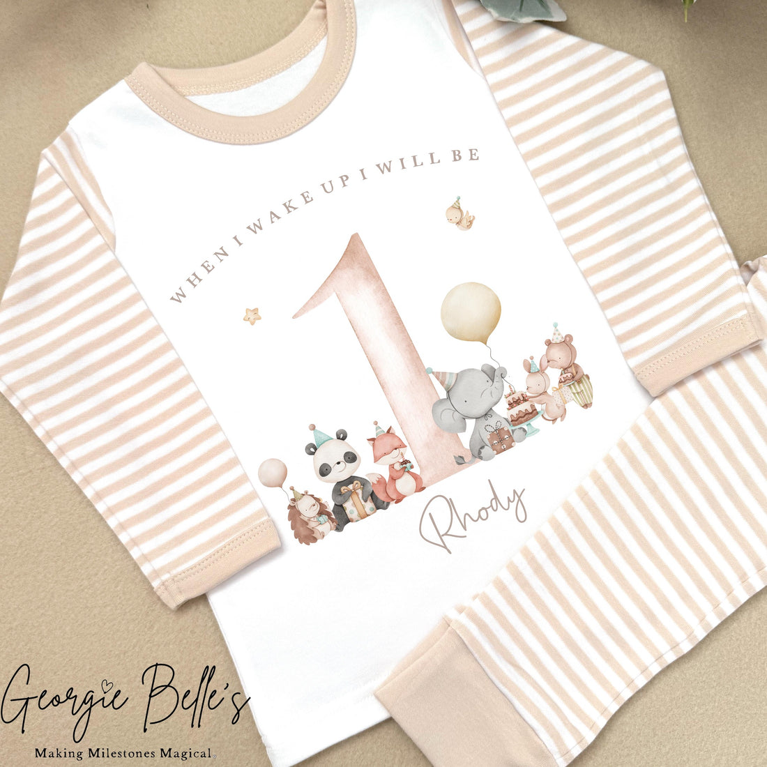Personalised Beige Stripe Birthday Pyjamas - Beige Animal Party Design