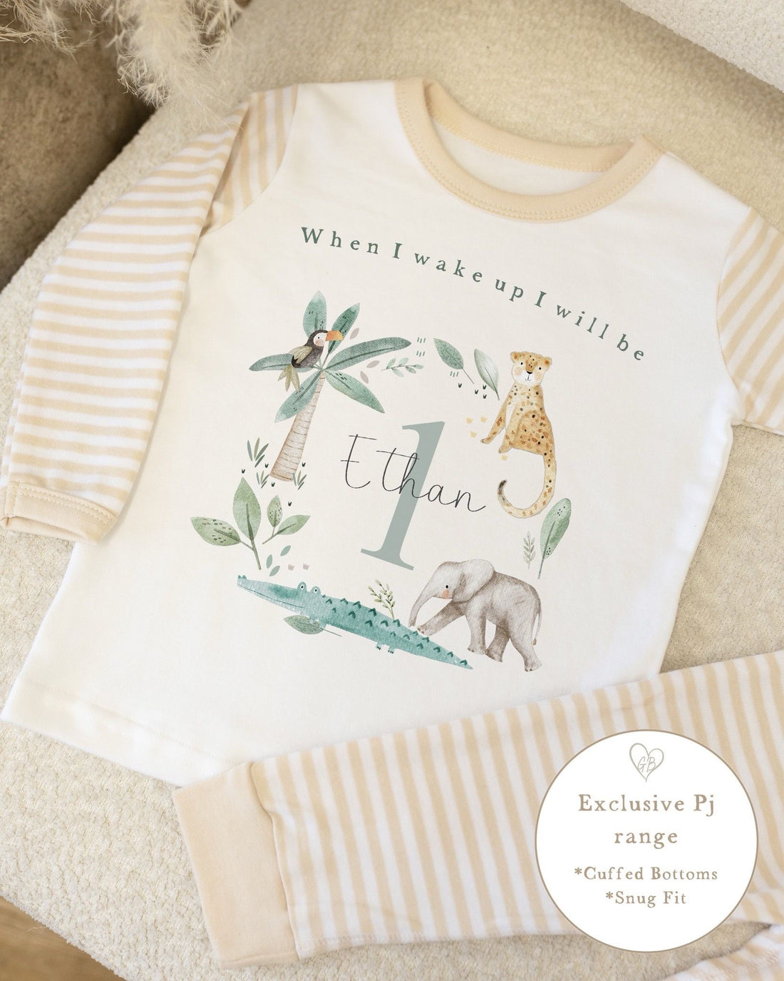 Beige &amp; White Striped Personalised Birthday Pyjamas - Jungle Wreath Design