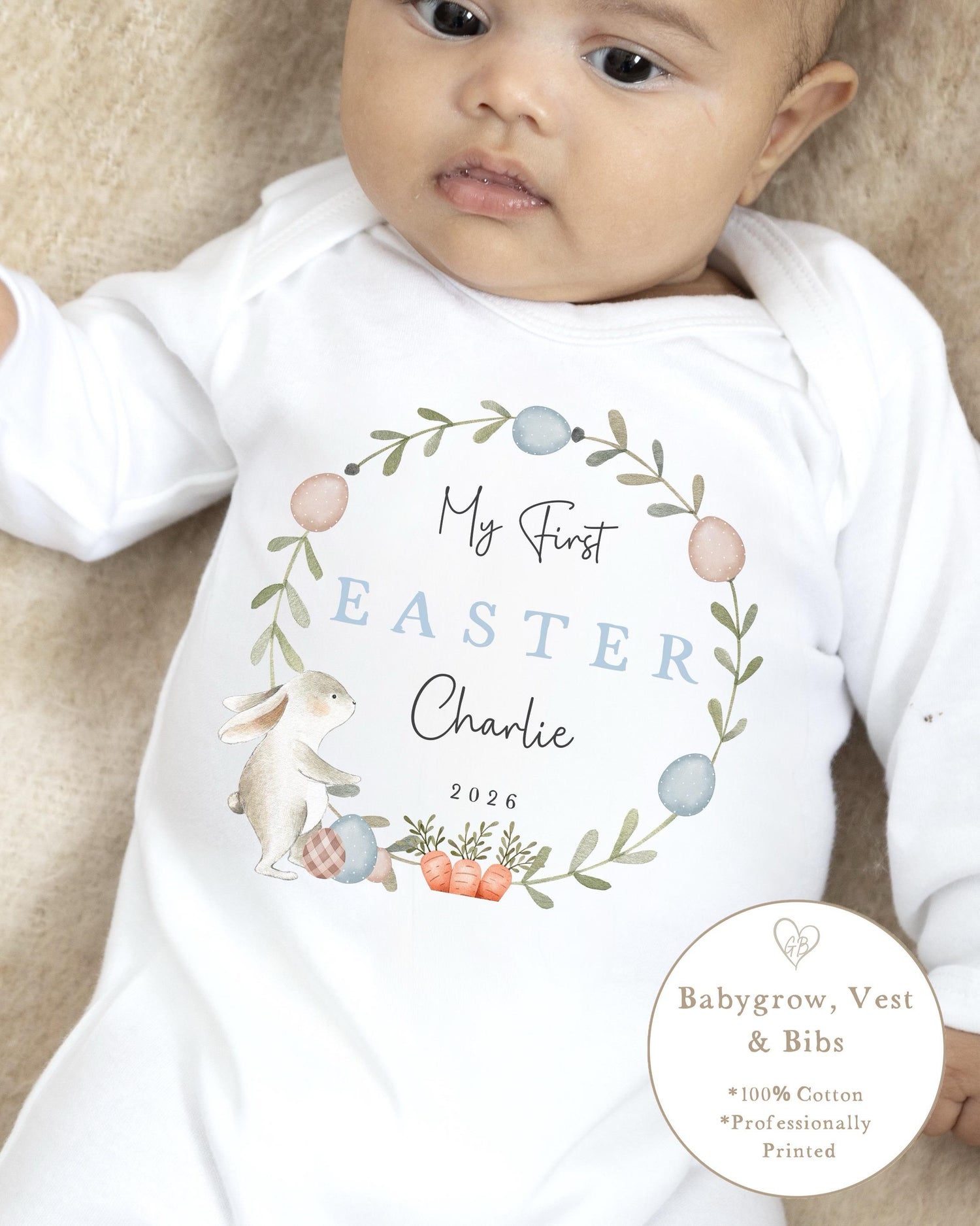 Personalised My First Easter Babygrow / Vest - Blue Classic Wreath Design
