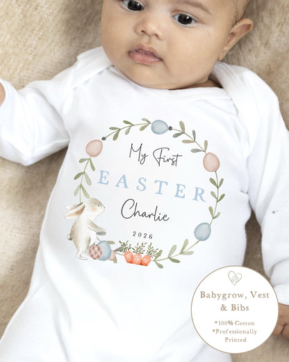 Personalised My First Easter Babygrow / Vest - Blue Classic Wreath Design
