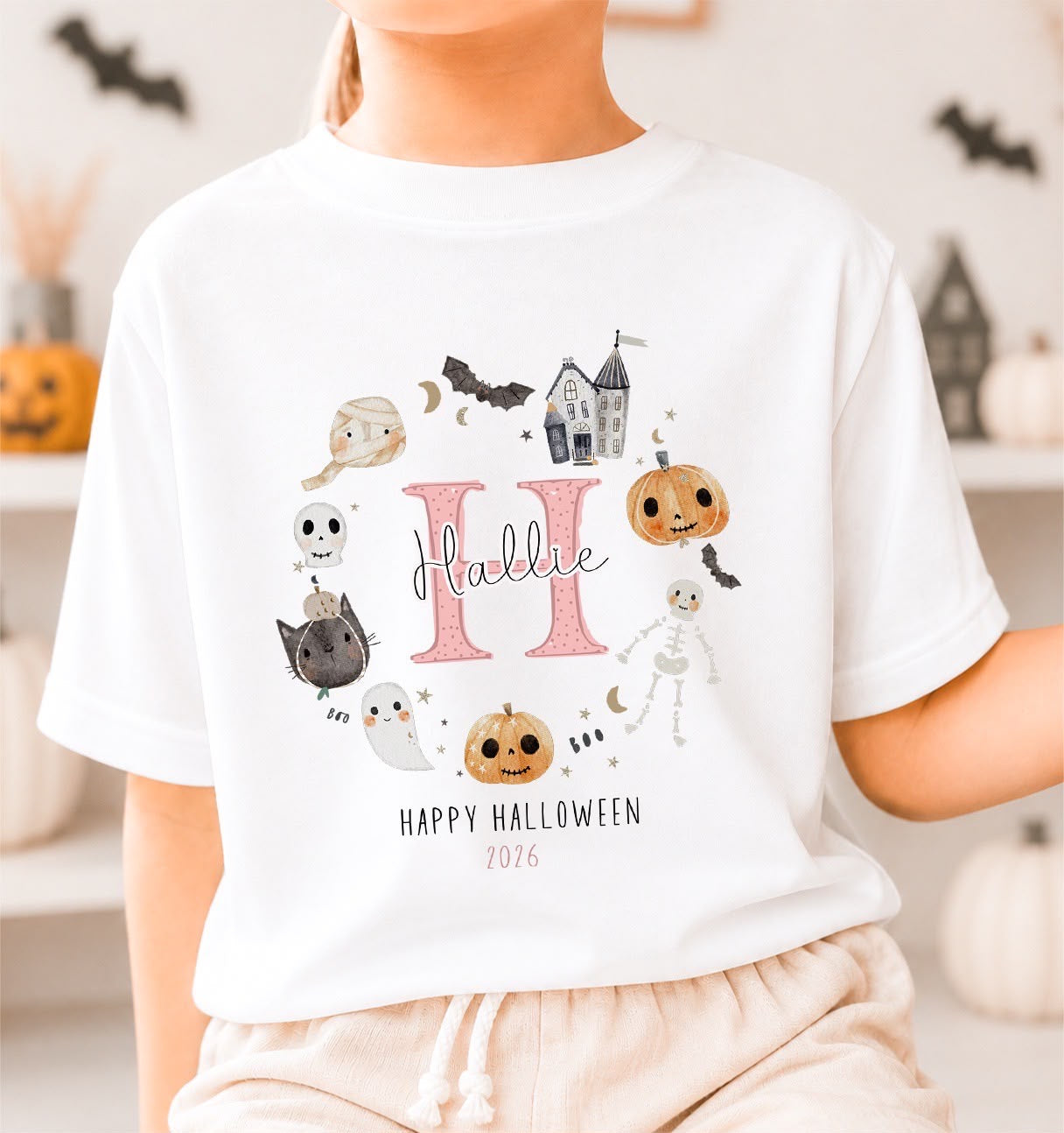 Personalised Halloween T-Shirt | Personalised Halloween Kids T-Shirt | Pink Initial Wreath Design