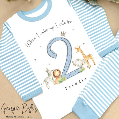 Personalised Blue Stripe Birthday Pyjamas - Blue Safari Number Design