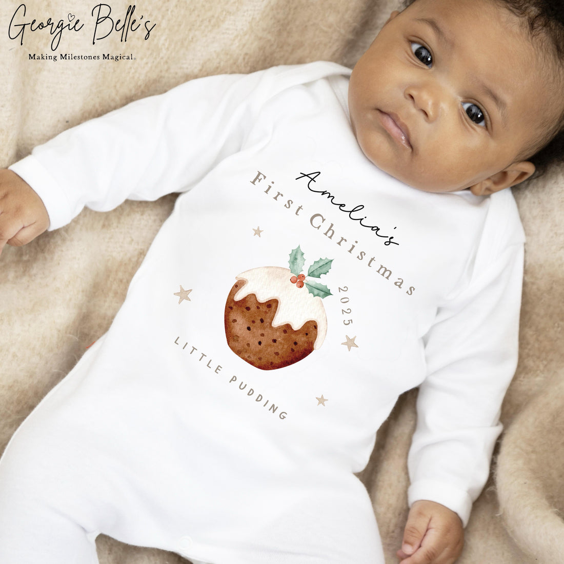 Personalised Christmas Sleepsuit / Bodysuit - First Christmas Little Pudding Design
