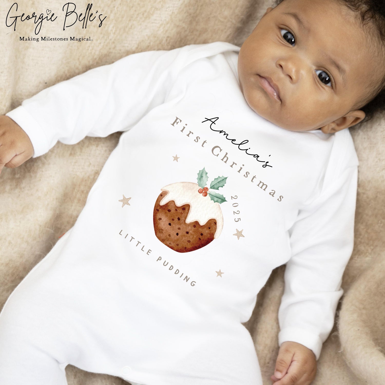 Personalised Christmas Sleepsuit / Bodysuit - First Christmas Little Pudding Design