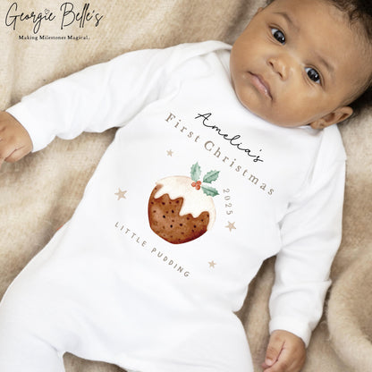 Personalised Christmas Sleepsuit / Bodysuit - First Christmas Little Pudding Design