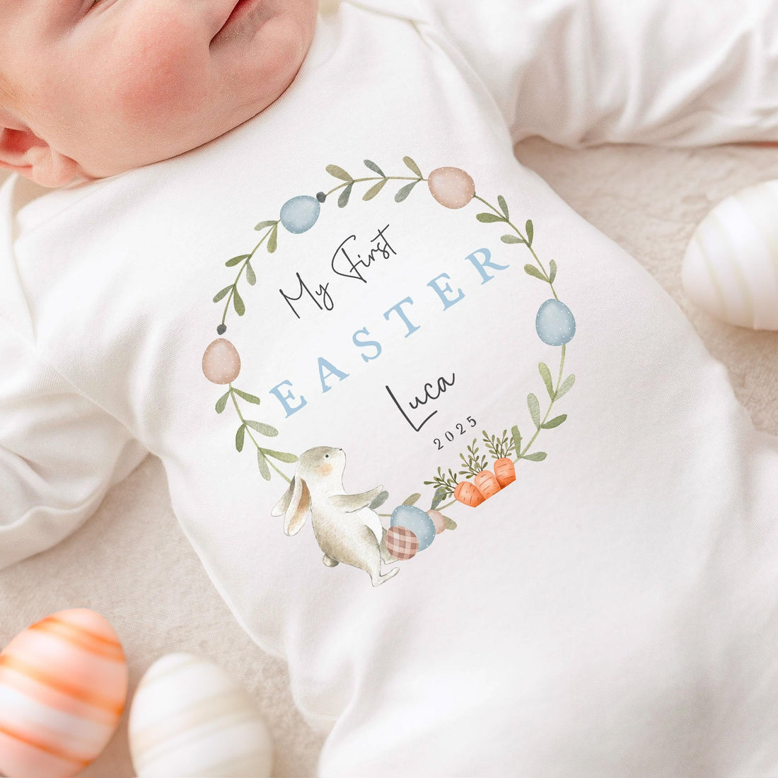 Personalised Easter Baby Vest / Babygrow - First Easter Blue Wreath Design