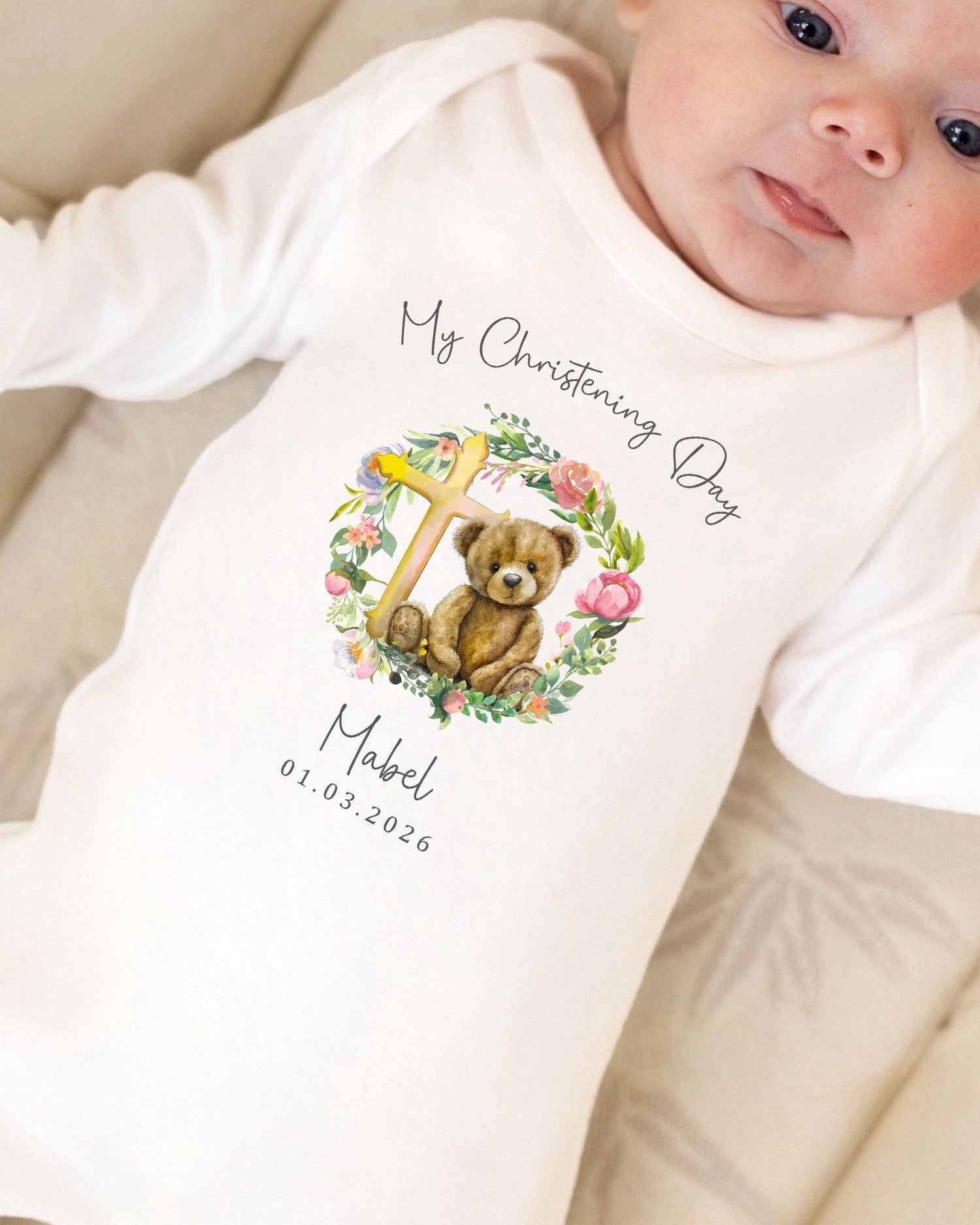 Personalised Christening Babygrow - Bear Cross Wreath Design