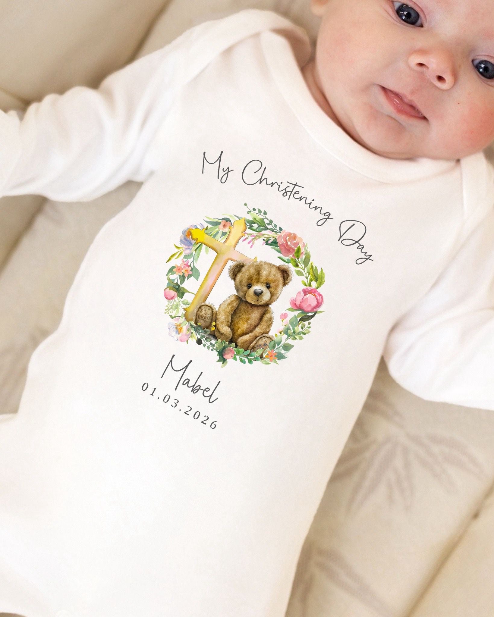 Personalised Christening Babygrow - Bear Cross Wreath Design