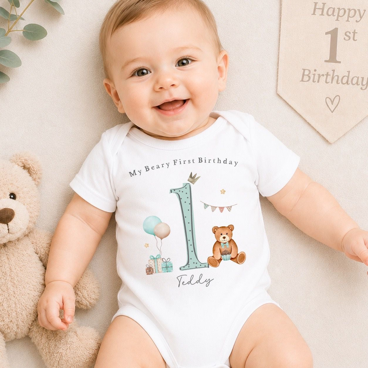 Personalised First Birthday Baby Vest | 1st Birthday Outfit - Blue Beary First Design