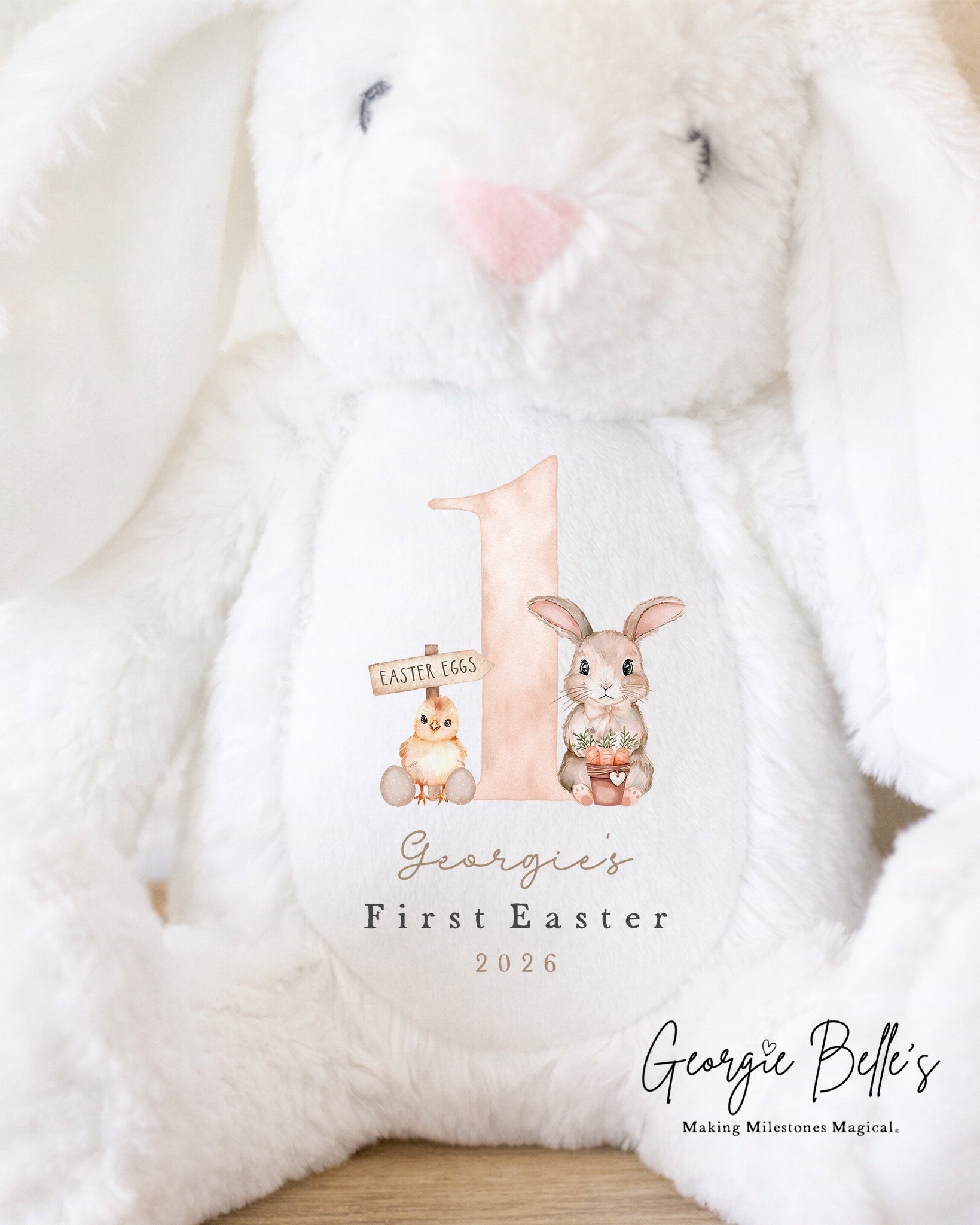 Personalised White Easter Bunny Soft Toy - Nude First Easter Design