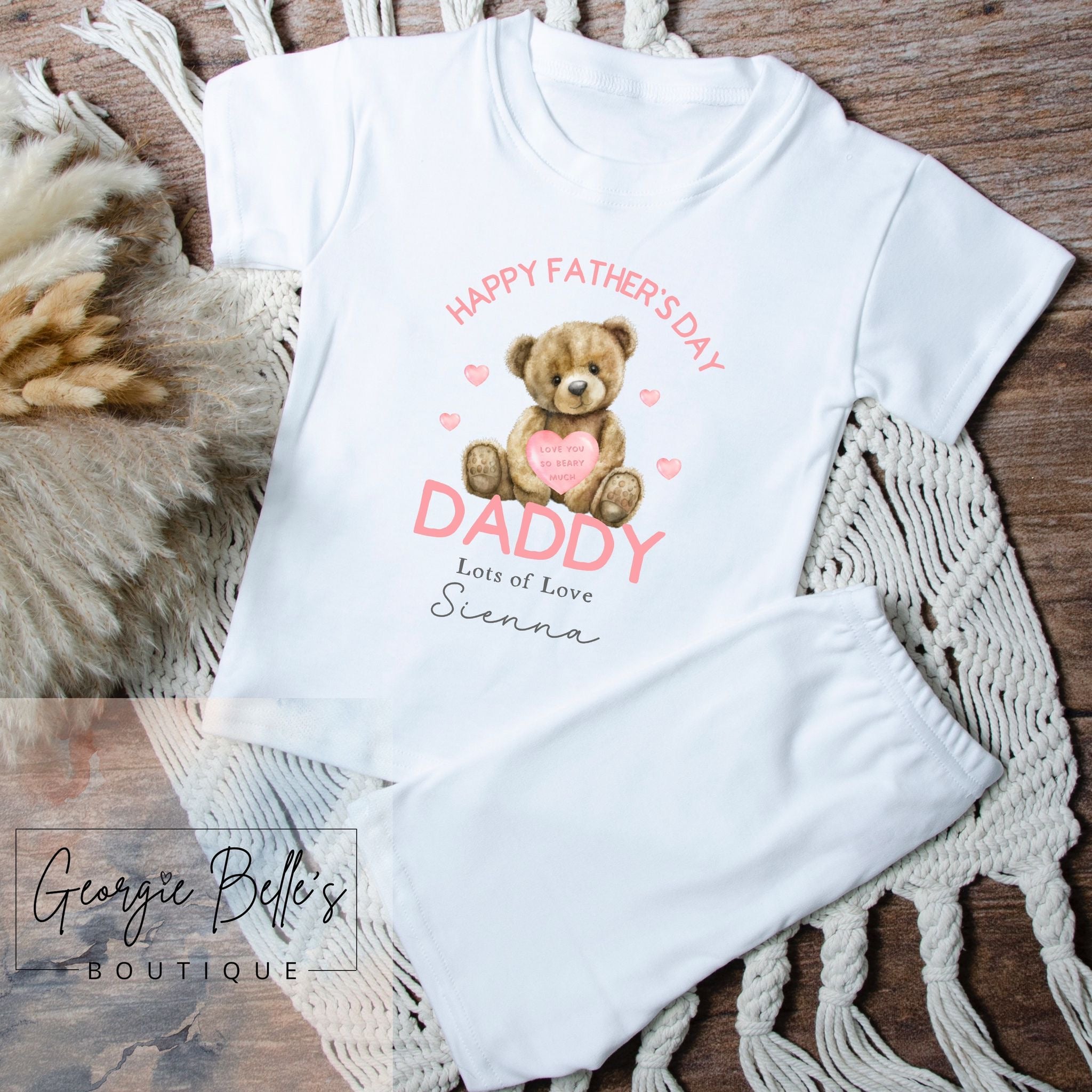 Personalised Sibling Matching Father's Day Short Set Pyjamas - Pink Bear Design