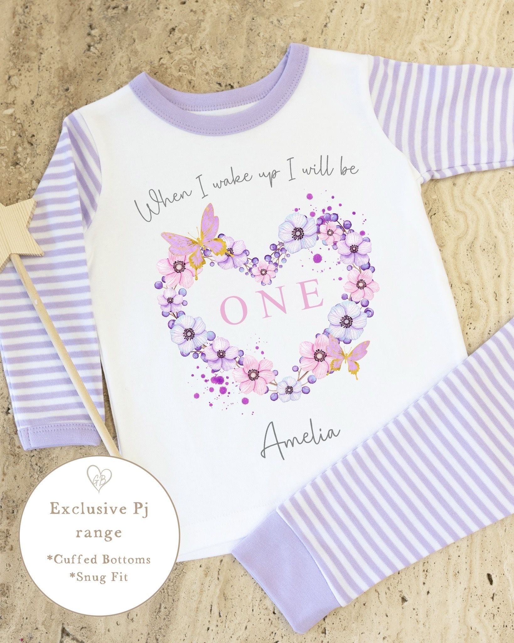 Lilac &amp; White Striped Personalised Birthday Pyjamas - Lilac Butterfly Heart Design