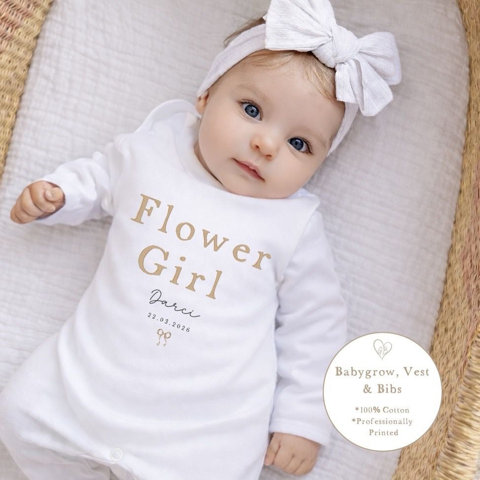 Personalised Flower Girl Babygrow / Short Sleeve Vest - Champagne Wording Design