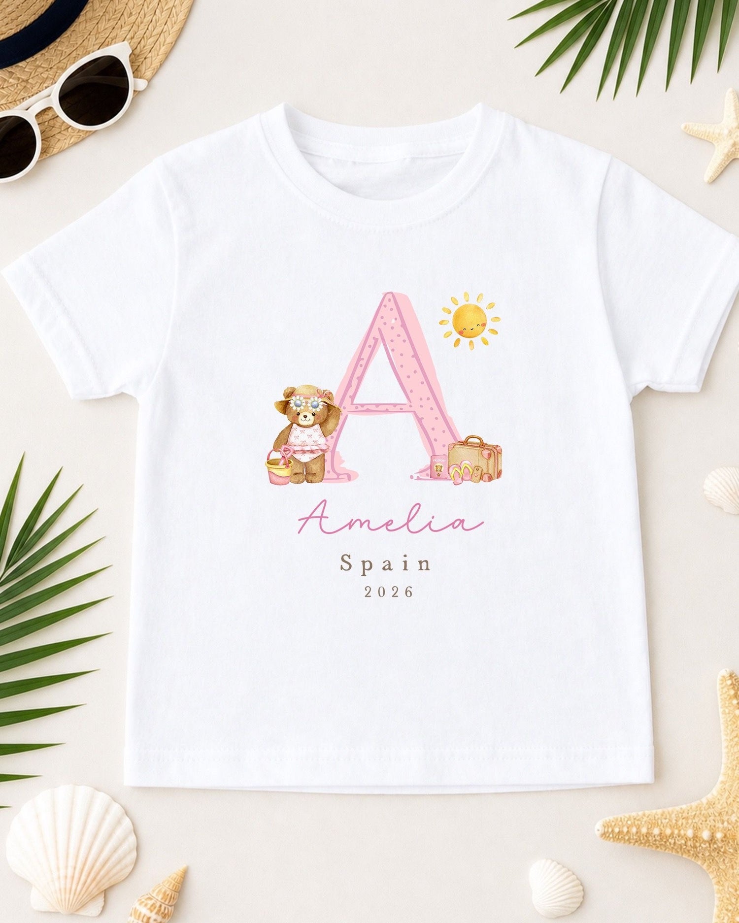 Personalised Kids Holiday T-Shirt - Pink Bear Initial Design