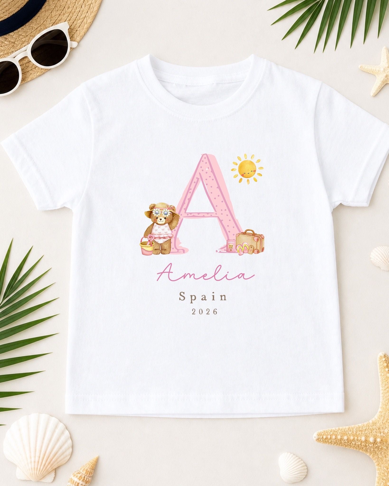 Personalised Kids Holiday T-Shirt - Pink Bear Initial Design