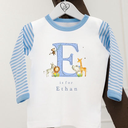 Personalised Boys Gifting Pyjamas Blue Stripe - Safari Initial Design