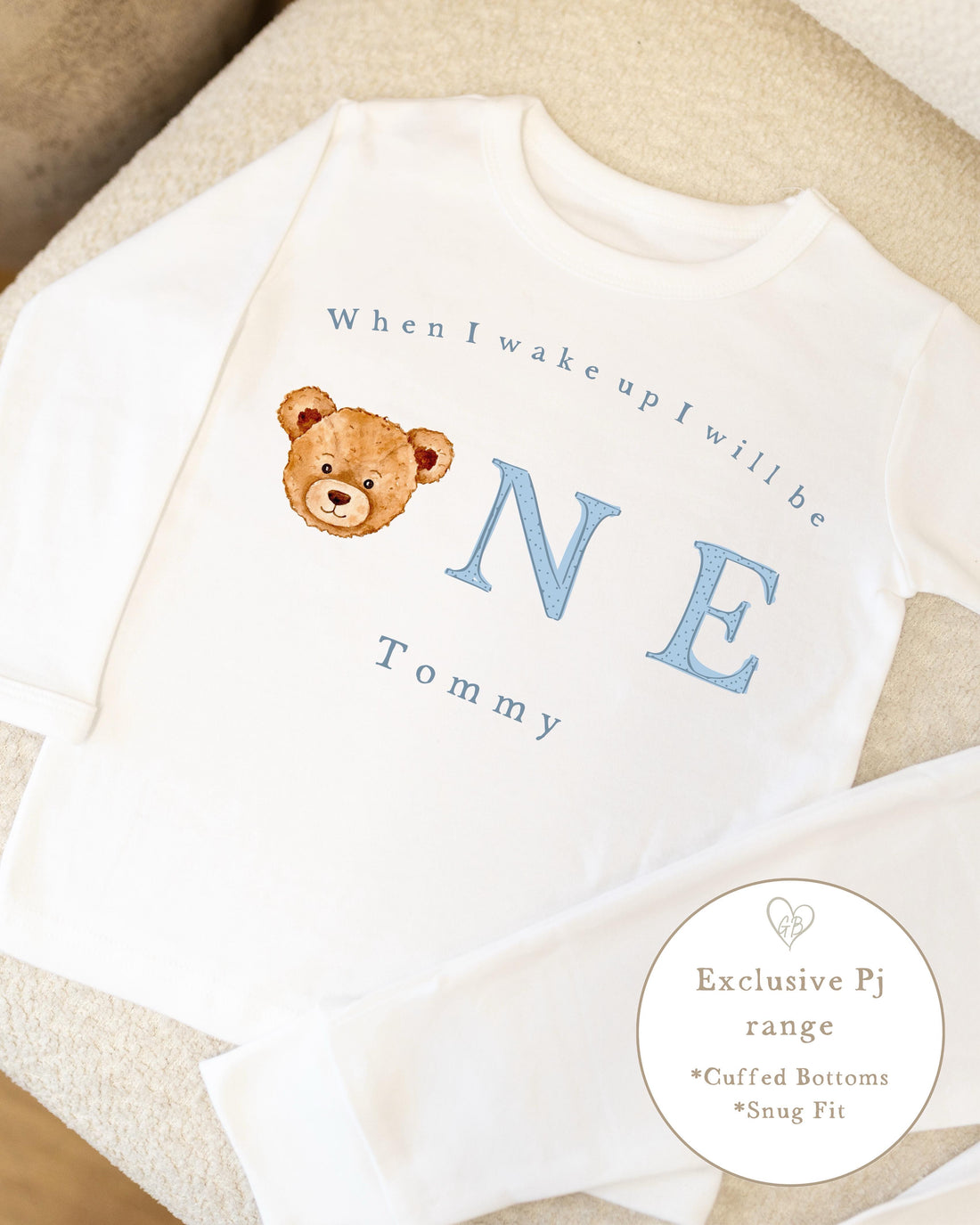 Plain White Personalised Birthday Pyjamas - Blue Bear Word Design