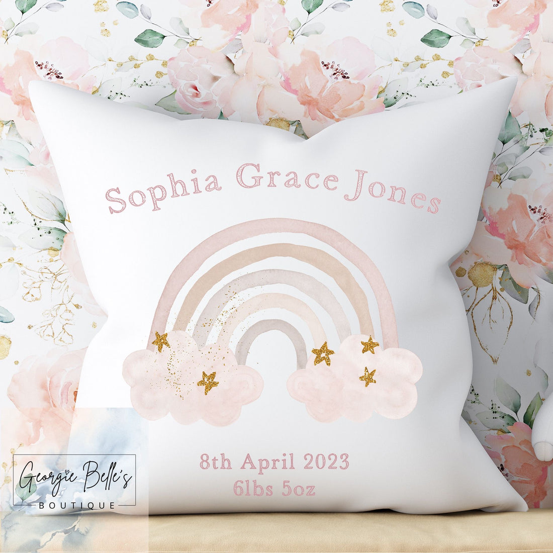 Personalised Baby Cushion - Pink/Nude Rainbow Nursery Cushion