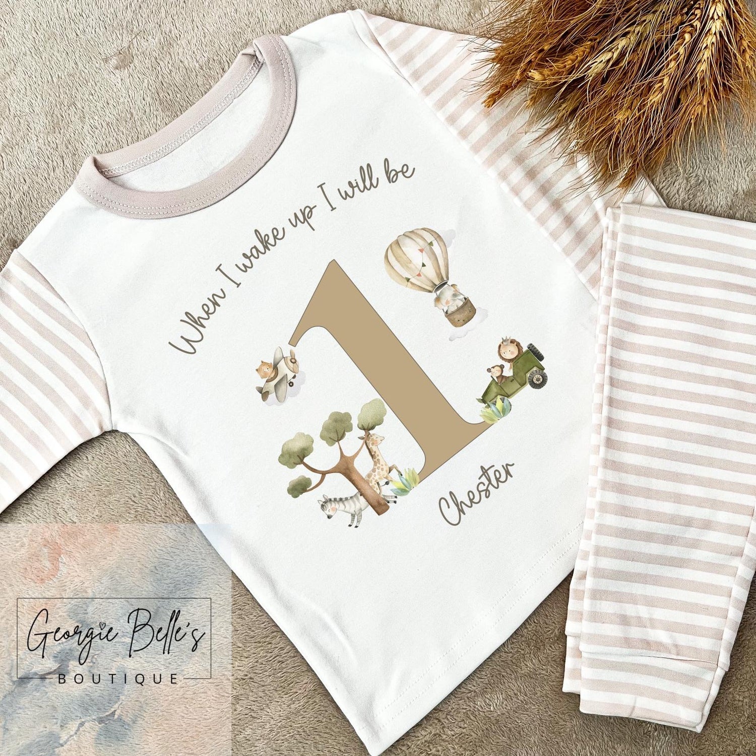 Personalised Birthday Pyjamas -  Safari Hot Air Balloon Design