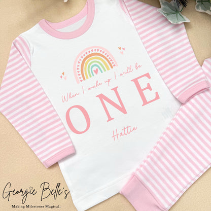 Personalised Pink Stripe Birthday Pyjamas - Pink Rainbow Design