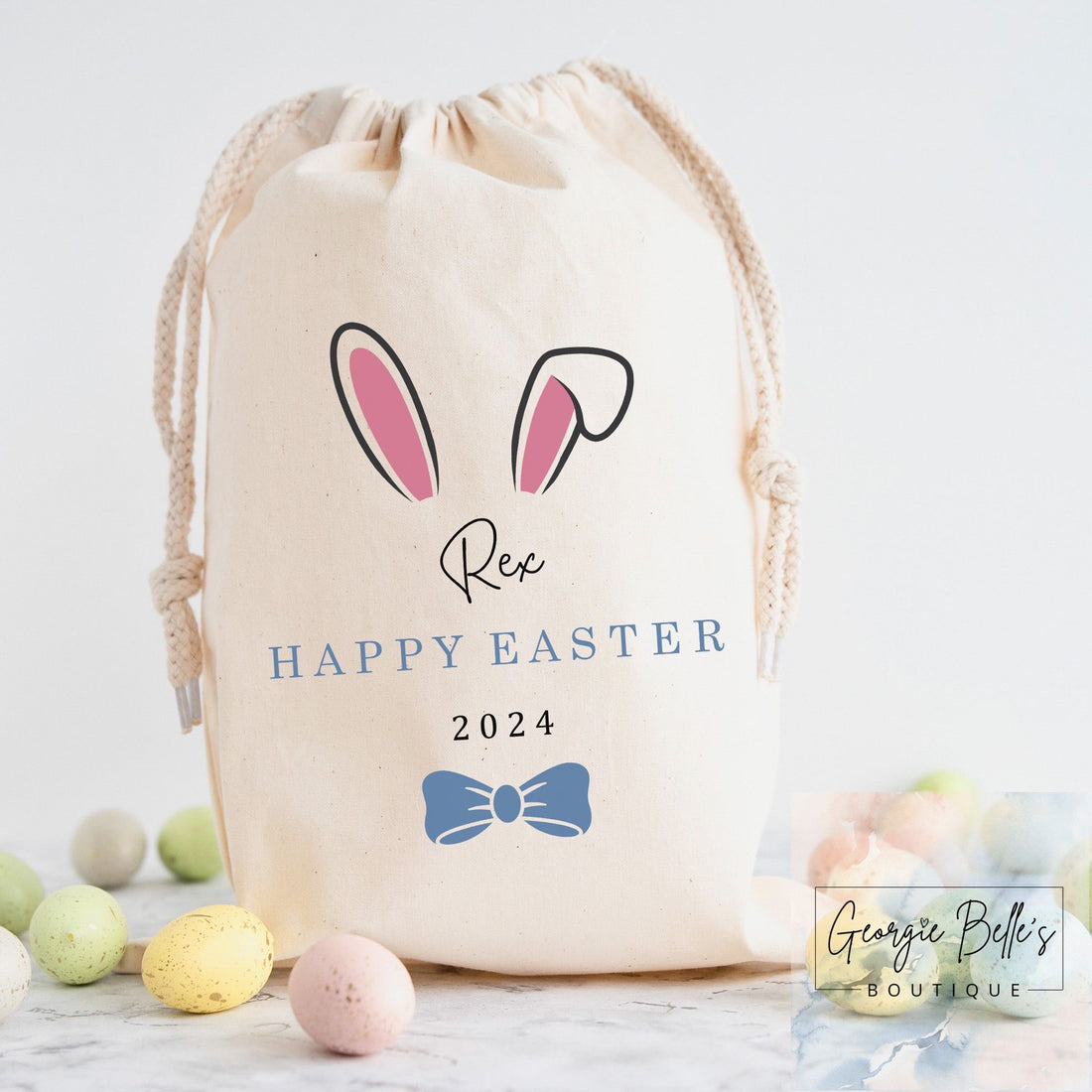 Personalised Easter Treat Sack - Blue Bunny Ears Design