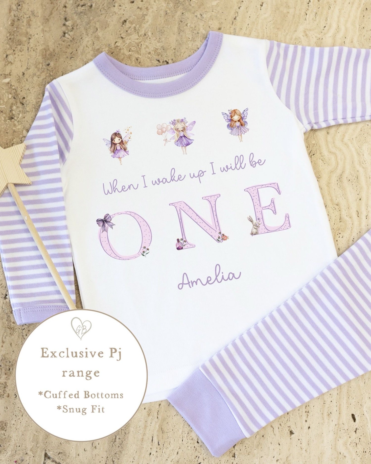 Lilac &amp; White Striped Personalised Birthday Pyjamas - Lilac Fairy Word Design