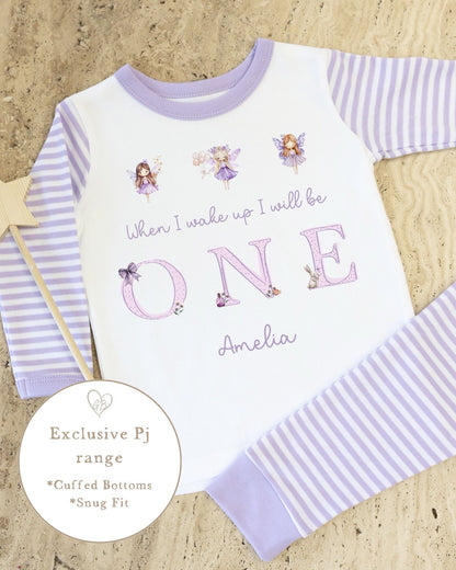 Lilac &amp; White Striped Personalised Birthday Pyjamas - Lilac Fairy Word Design