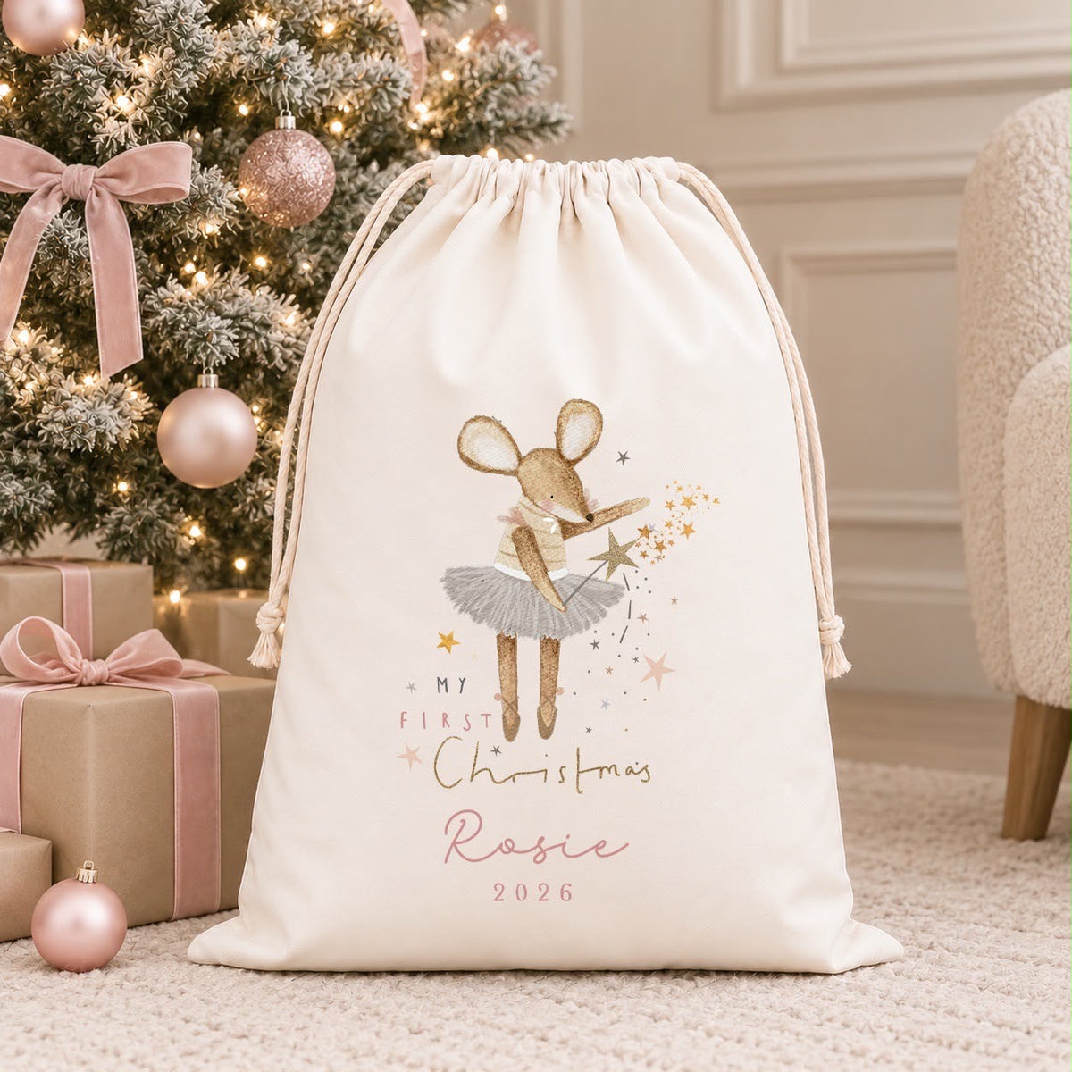 Luxury Personalised Premium Cotton My First Christmas Sack | Personalised Santa Sack | Mouse Design