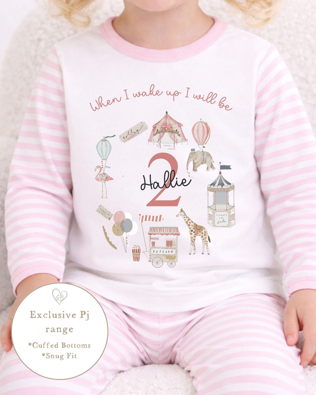 Personalised Pink Stripe Birthday Pyjamas - Circus Wreath Design