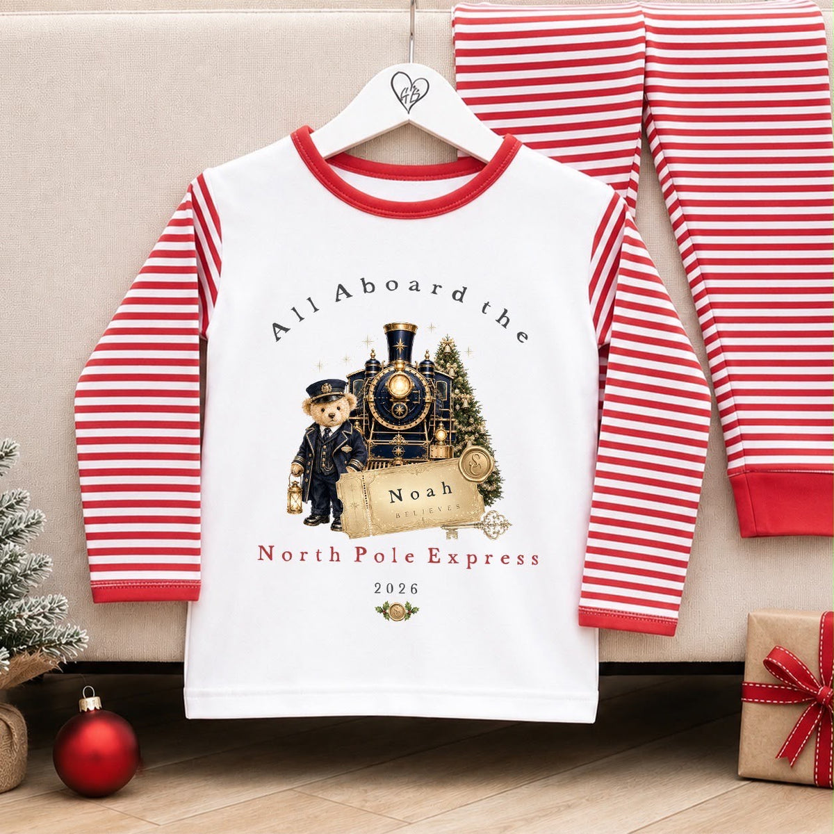 Personalised Christmas Pyjamas for Kids | 100% Cotton Red Stripe | North Pole Express Design