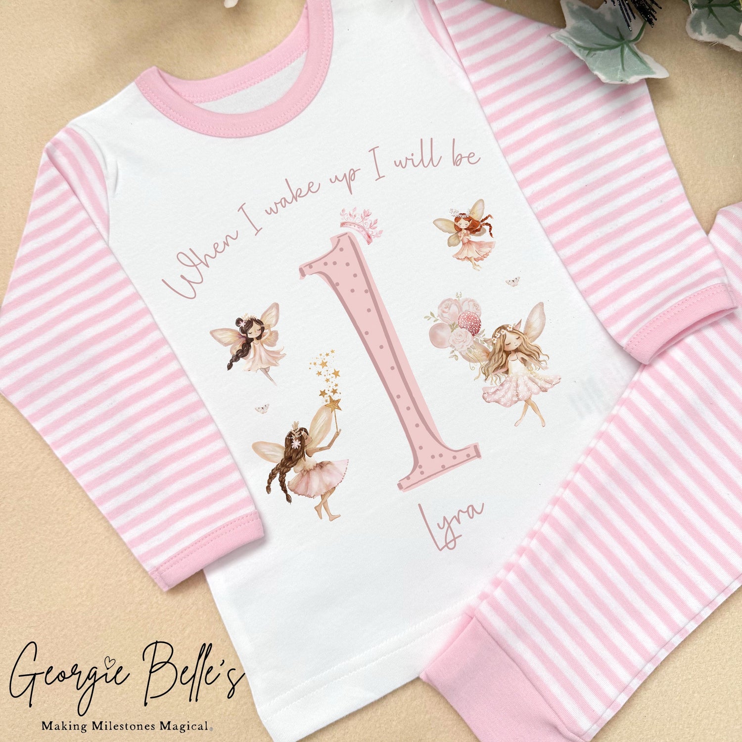 Personalised Pink Stripe Birthday Pyjamas - Pink Fairy Number Design