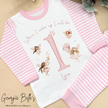 Personalised Pink Stripe Birthday Pyjamas - Pink Fairy Number Design