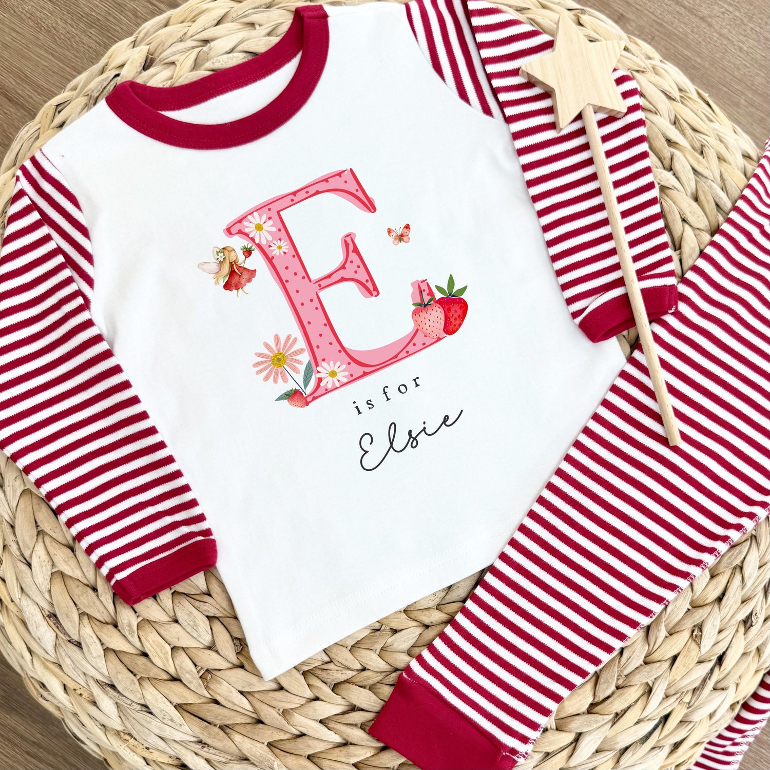 Personalised Gifting Pyjamas Red Stripe - Strawberry Initial Design