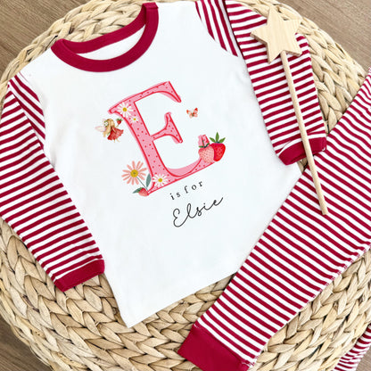 Personalised Gifting Pyjamas Red Stripe - Strawberry Initial Design