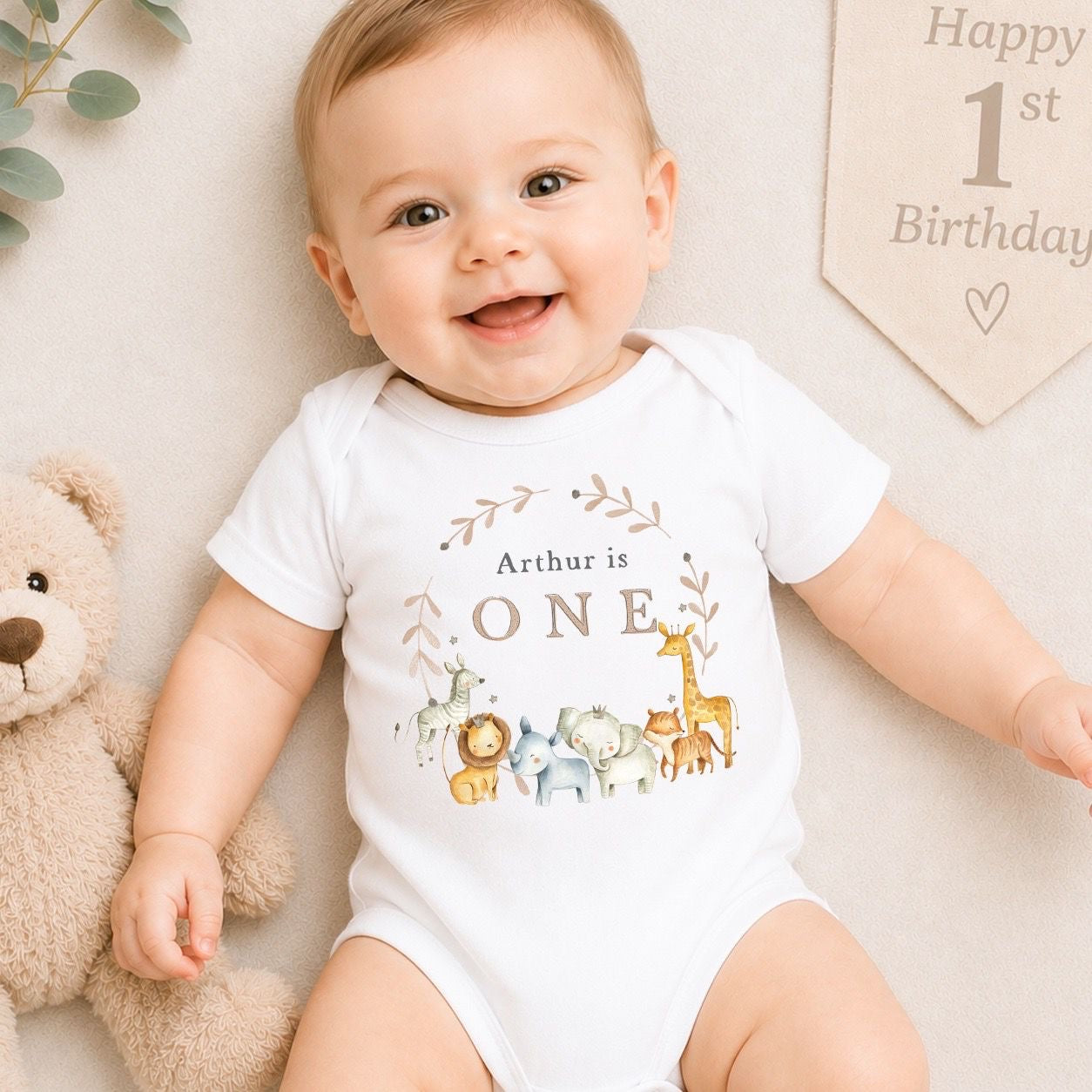 Personalised First Birthday Baby Vest | 1st Birthday Outfit - Safari Wreath Design