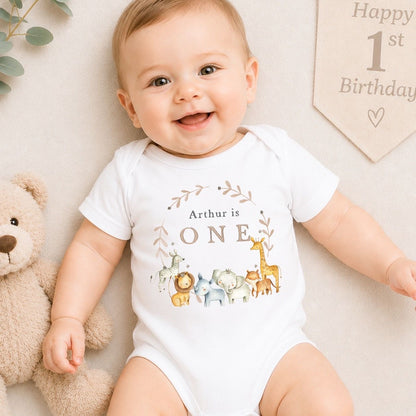 Personalised First Birthday Baby Vest | 1st Birthday Outfit - Safari Wreath Design