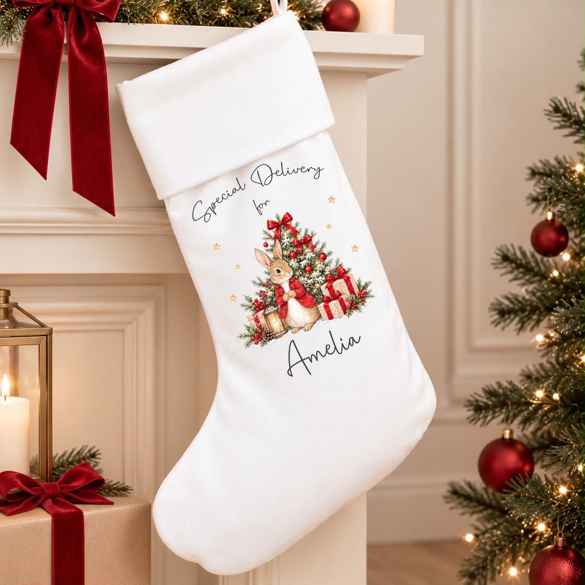 Personalised White Christmas Stocking | Red Rabbit Design