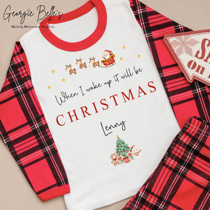Personalised Tartan Christmas Pyjamas - When I Wake Up Sleigh Design