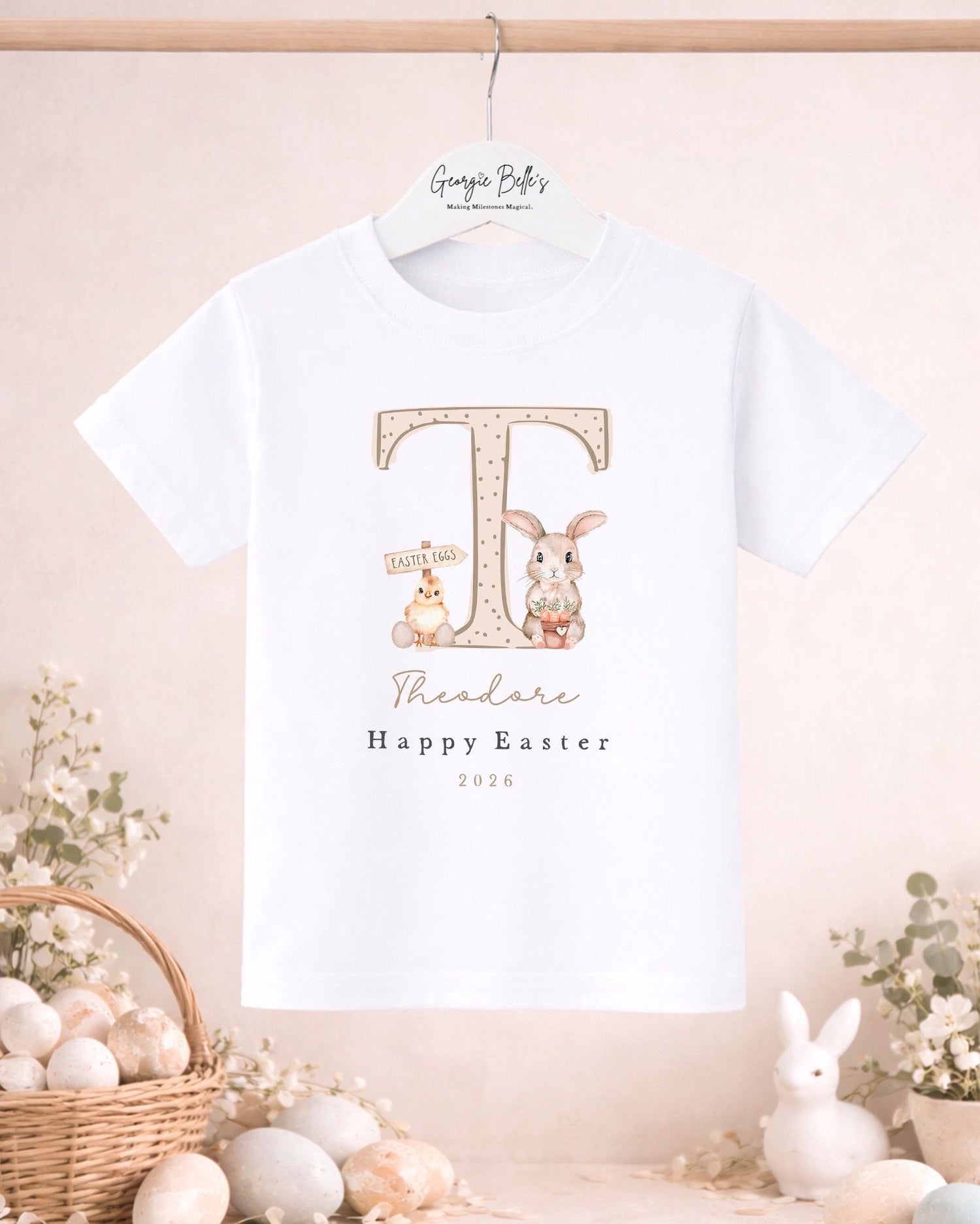Personalised Easter T-Shirt - Beige Initial Design