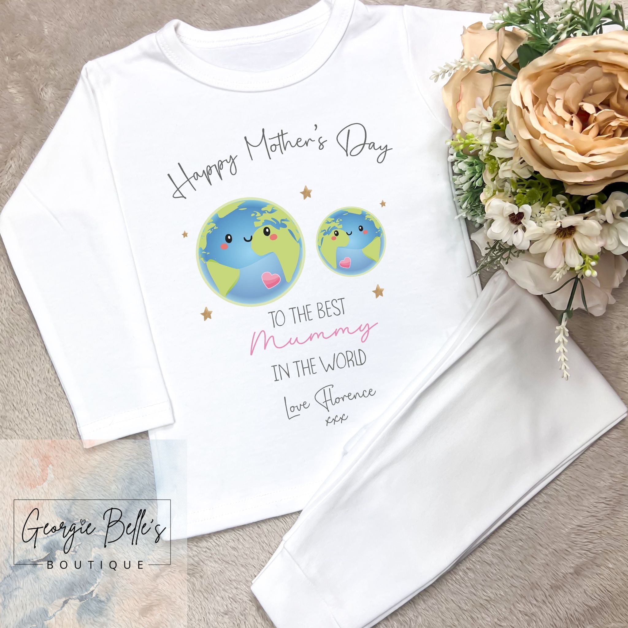 Personalised Sibling Matching Mothers Day Pyjamas - Pink World Design
