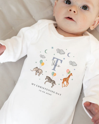 Personalised Christening Babygrow - Safari Wreath Design