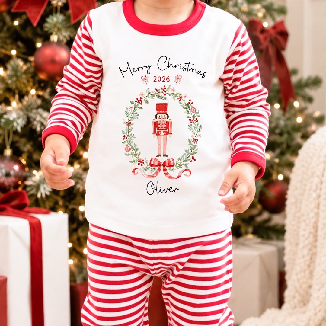 Personalised Christmas Pyjamas for Kids | 100% Cotton Red Stripe | Toy Solider Wreath Design