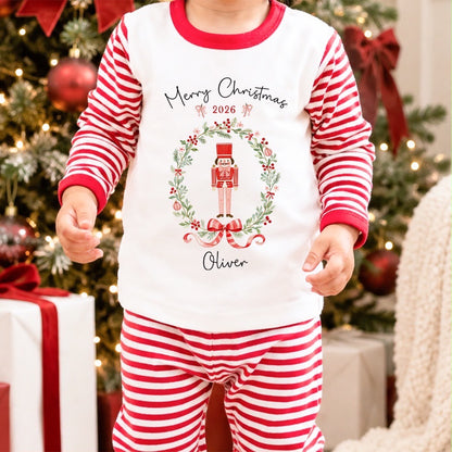 Personalised Christmas Pyjamas for Kids | 100% Cotton Red Stripe | Toy Solider Wreath Design