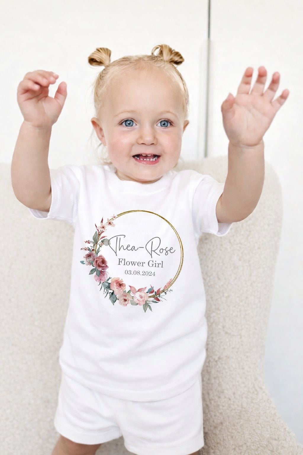 Personalised Flower Girl Short Set Pyjamas - Dusky Pink Wreath Design