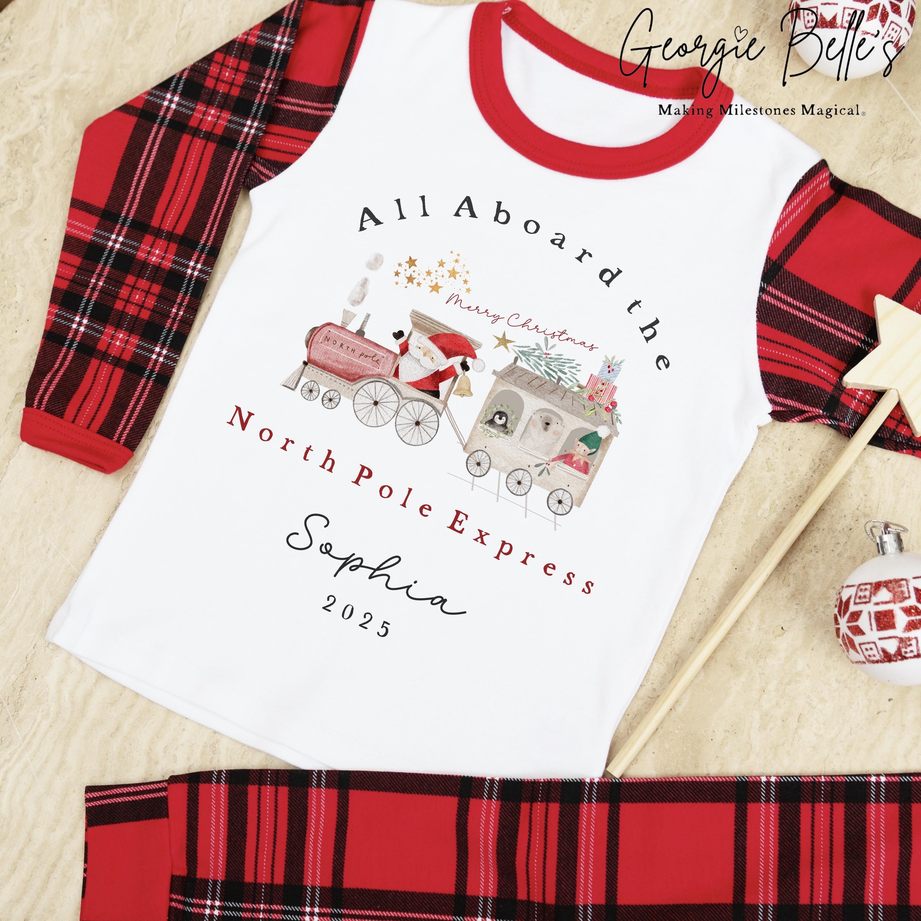 Personalised Tartan Christmas Pyjamas - North Pole Express Design