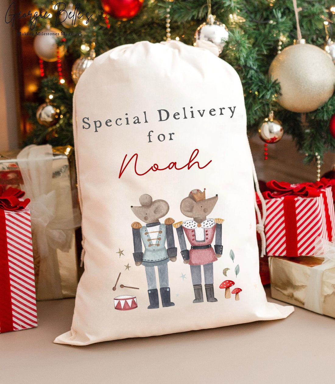 Personalised Luxury Premium Cotton Christmas Sack - Christmas Solider Mice Design