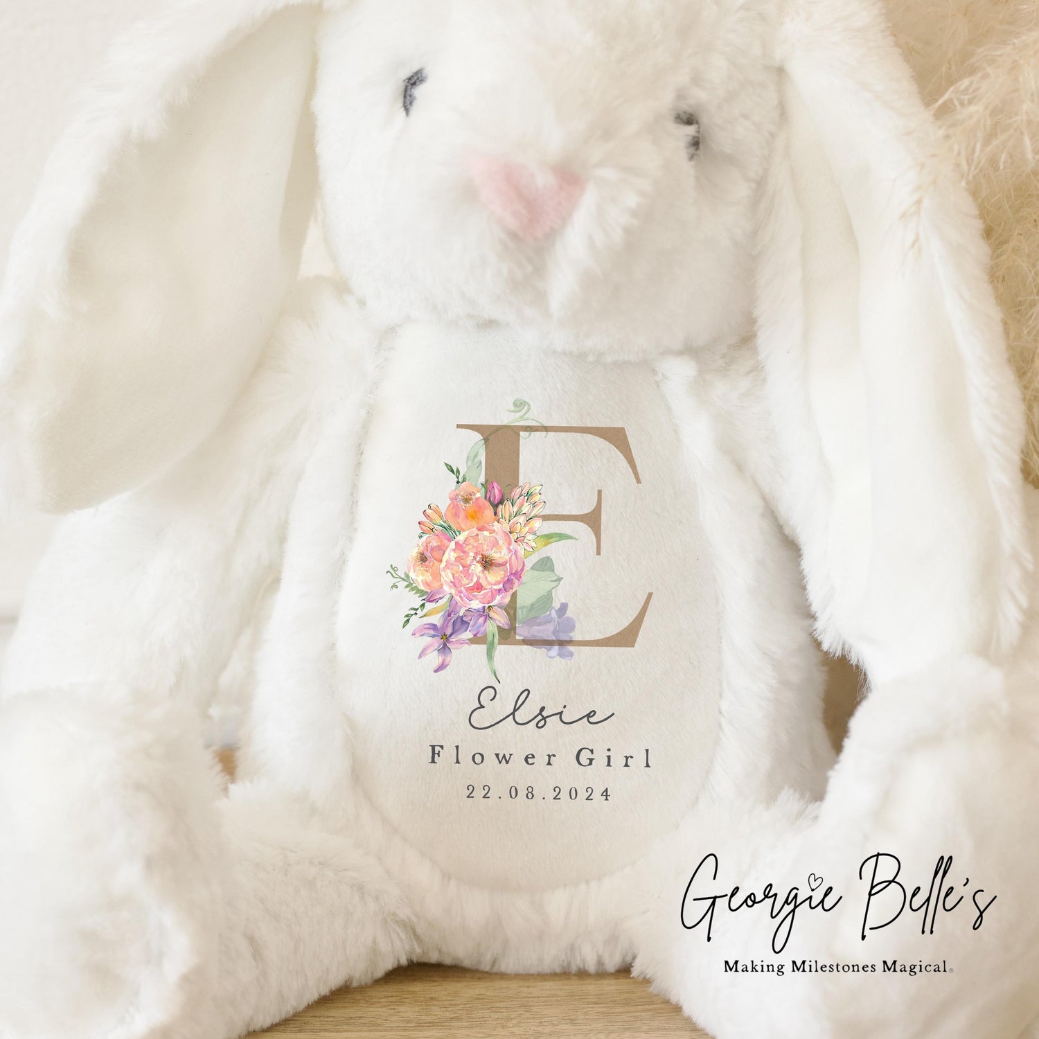 Personalised Flower Girl Bunny - Champagne Initial Design
